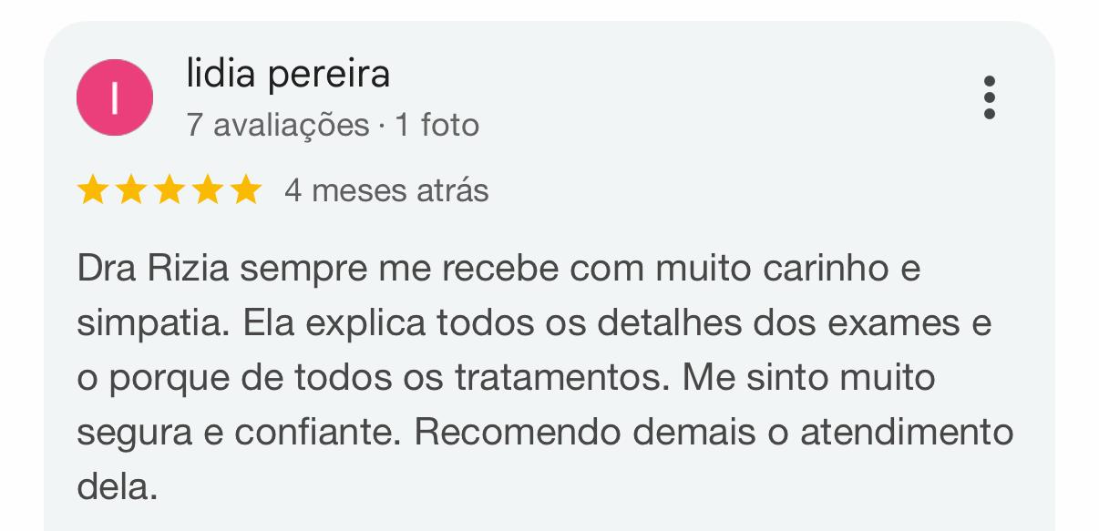 Avaliação de Lidia Pereira sobre o atendimento da Dra. Rízia
