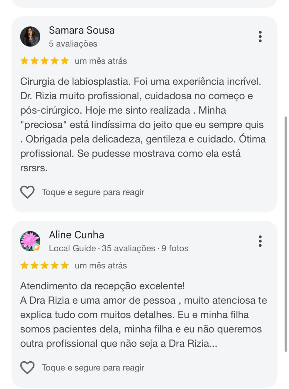 Avaliações de Samara Sousa e Aline Cunha sobre a Dra. Rízia